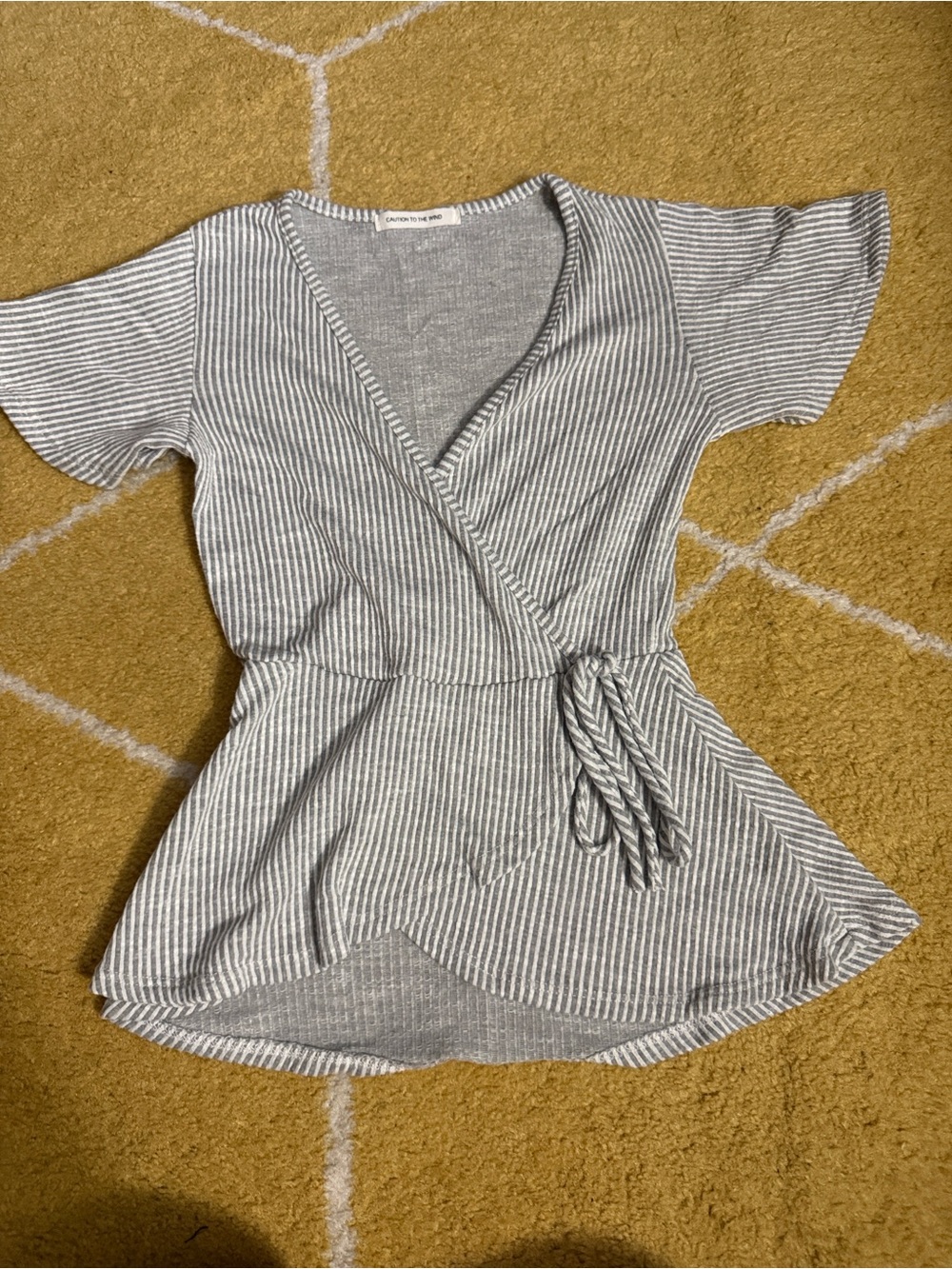 Striped Gray Wrap Short-Sleeve Top with Tie Waist